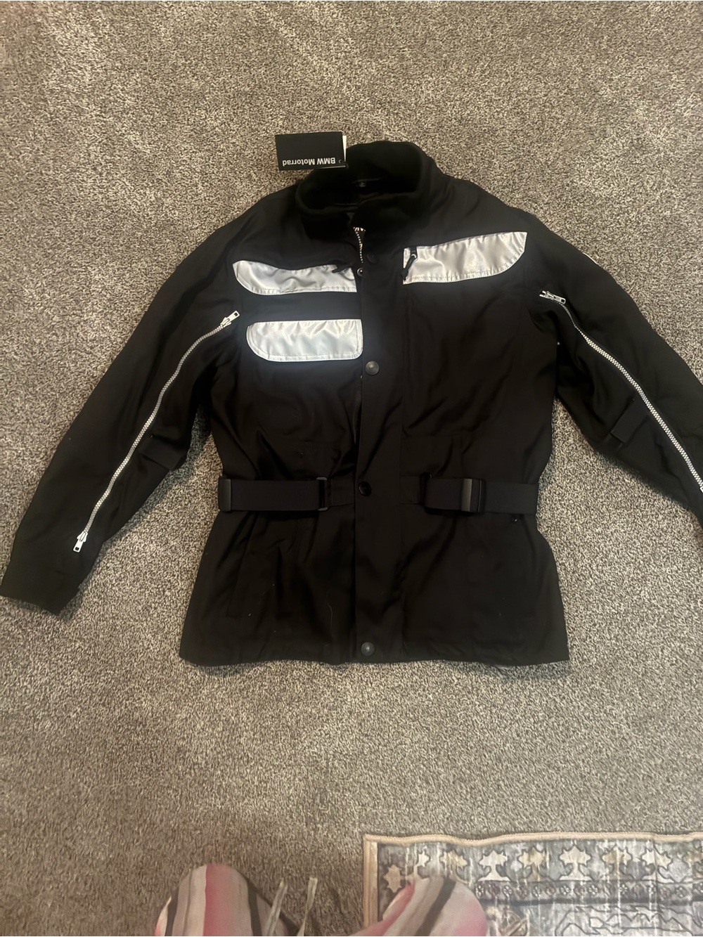 BMW Women's Black Jacket with Silver Panels. BMW Motorcycle jacket. Elbow prot.